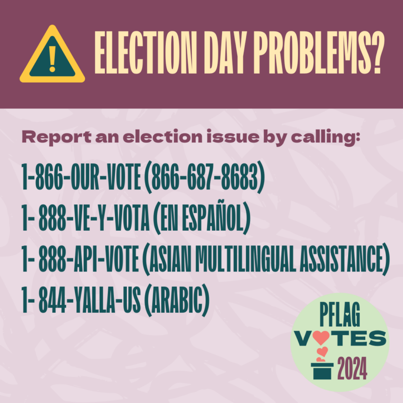 Graphic that says: Election Day Problems?, with how to report an election issue by calling 1-866-OUR-VOTE and other hotlines for Spanish, API, and Arabic languages.