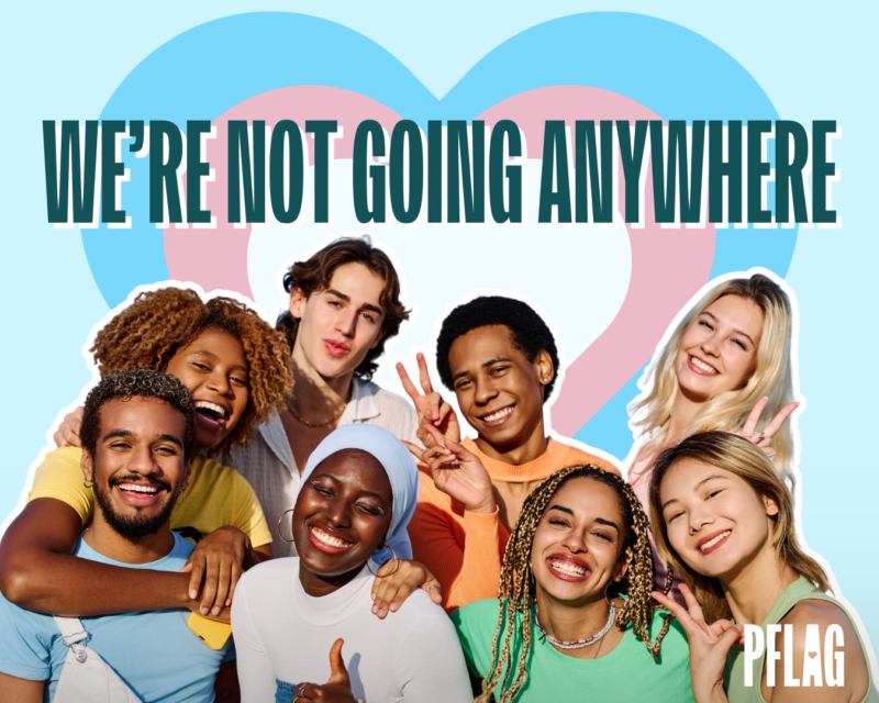 On a light blue background is teal text reading, “WE’RE NOT GOING ANYWHERE.” Behind the text is a massive white heart stacked on a pink heart stacked on a blue heart. Beneath the text is a racially-diverse, queer group of friends smiling together, and punctuating the end of the text is a heart in the style of the trans flag. A white PFLAG logo is tucked in the lower right corner.