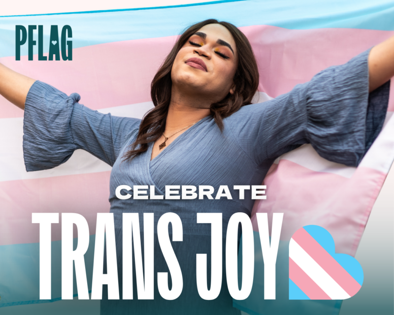 Making up the entire background of the image is a photo of a Latine transwoman holding the trans flag aloft behind her. Her expression is serene, joyful, and confident. At the bottom of the image is bold white text reading, “CELEBRATE TRANS JOY.”