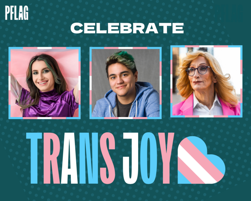 On a teal background with light blue gridded dots are three square photos lined up in the center of the image. From left to right: 1) A young, White trans woman holding the trans flag aloft behind her 2) A young, Latine trans man 3) An older, White transwoman. Each photo is decorated with a thin border in the blue, pink, and white colors of the trans flag. Above the photos is white text reading, “CELEBRATE”. Beneath the photos is text reading, “TRANS JOY”. This lower text is in the colors of the trans flag, and a heart in the style of the trans flag beside it. A white PFLAG logo is tucked in the upper left corner of the image.