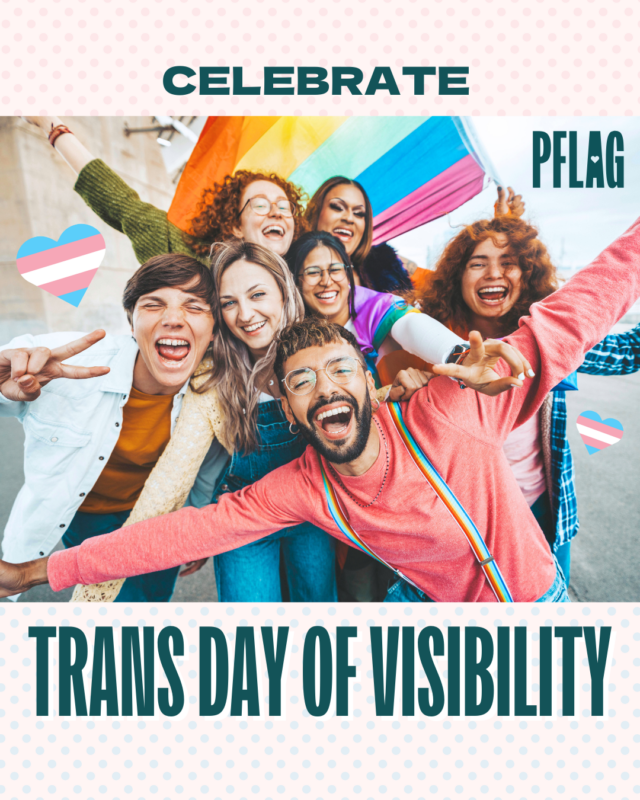 Centered on a light pink background with pale pink and blue gridded dots is a photo of a racially-diverse, queer group of friends smiling and waving a pride flag. Teal text above the photo reads, “CELEBRATE” and below the photo reads, “TRANS DAY OF VISIBILITY.” A few hearts in the style of the trans flag decorate the image.