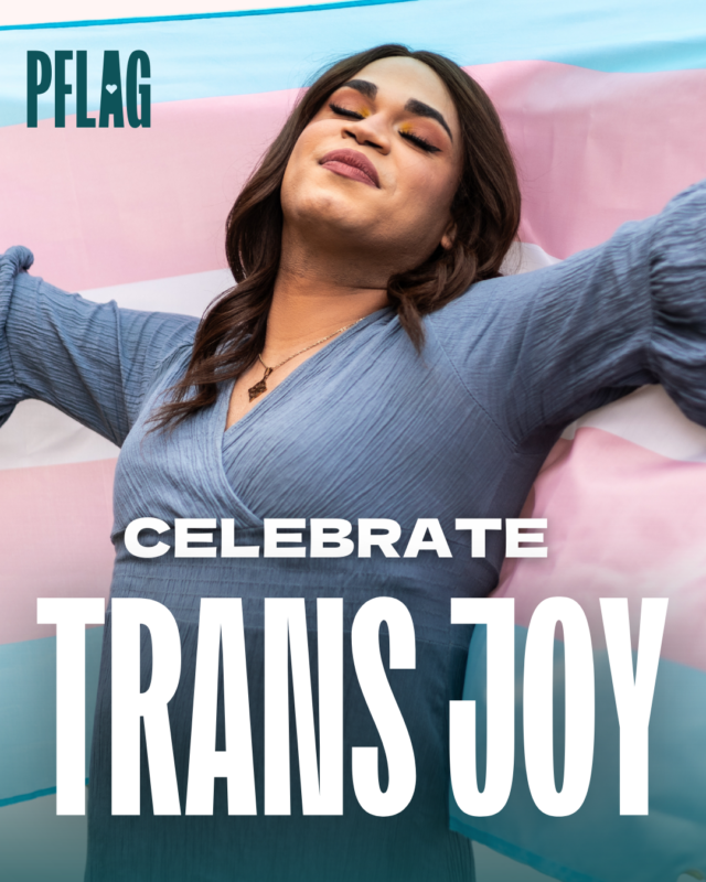 Making up the entire background of the image is a photo of a Latine transwoman holding the trans flag aloft behind her. Her expression is serene, joyful, and confident. At the bottom of the image is bold white text reading, “CELEBRATE TRANS JOY.”