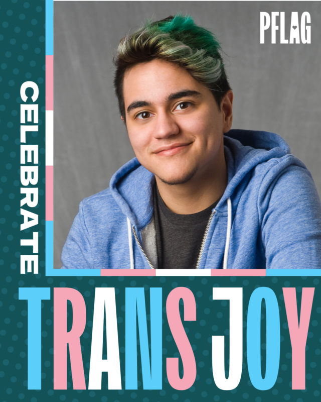 Making up the upper right corner of the image is a photo of a Latine trans man. He is wearing a blue hoodie, his hair is dyed green, and his expression is warm and confident. As a thin border around his photo are the blue, pink, and white colors of the trans flag. Read vertically along the left edge of his photo is white text reading, “CELEBRATE”. Large text beneath his photo reads, “TRANS JOY”. The letters of this text are in the colors of the trans flag. The background of the image is teal with light blue gridded dots.