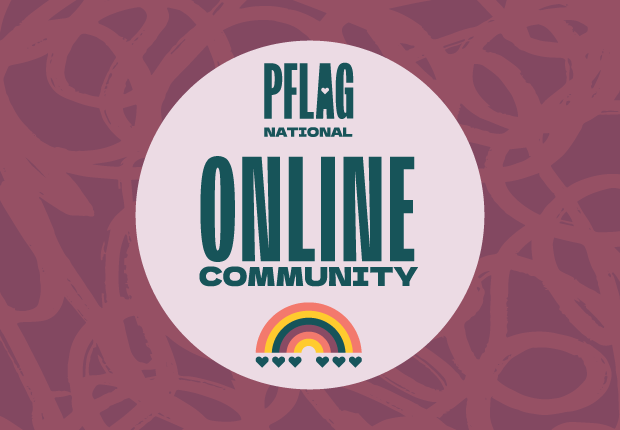 logo for the PFLAG National Online Community in a lavender circle with a rainbow at the bottom