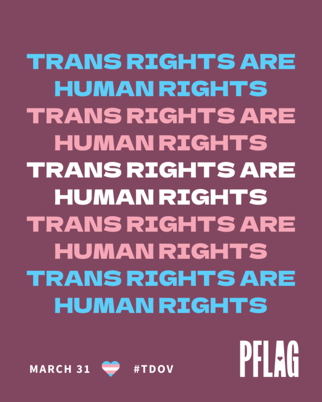 Trans Rights Are Human Rights repeated to make a trans pride flag on a plum background. PFLAG logo in the bottom right corner in white.